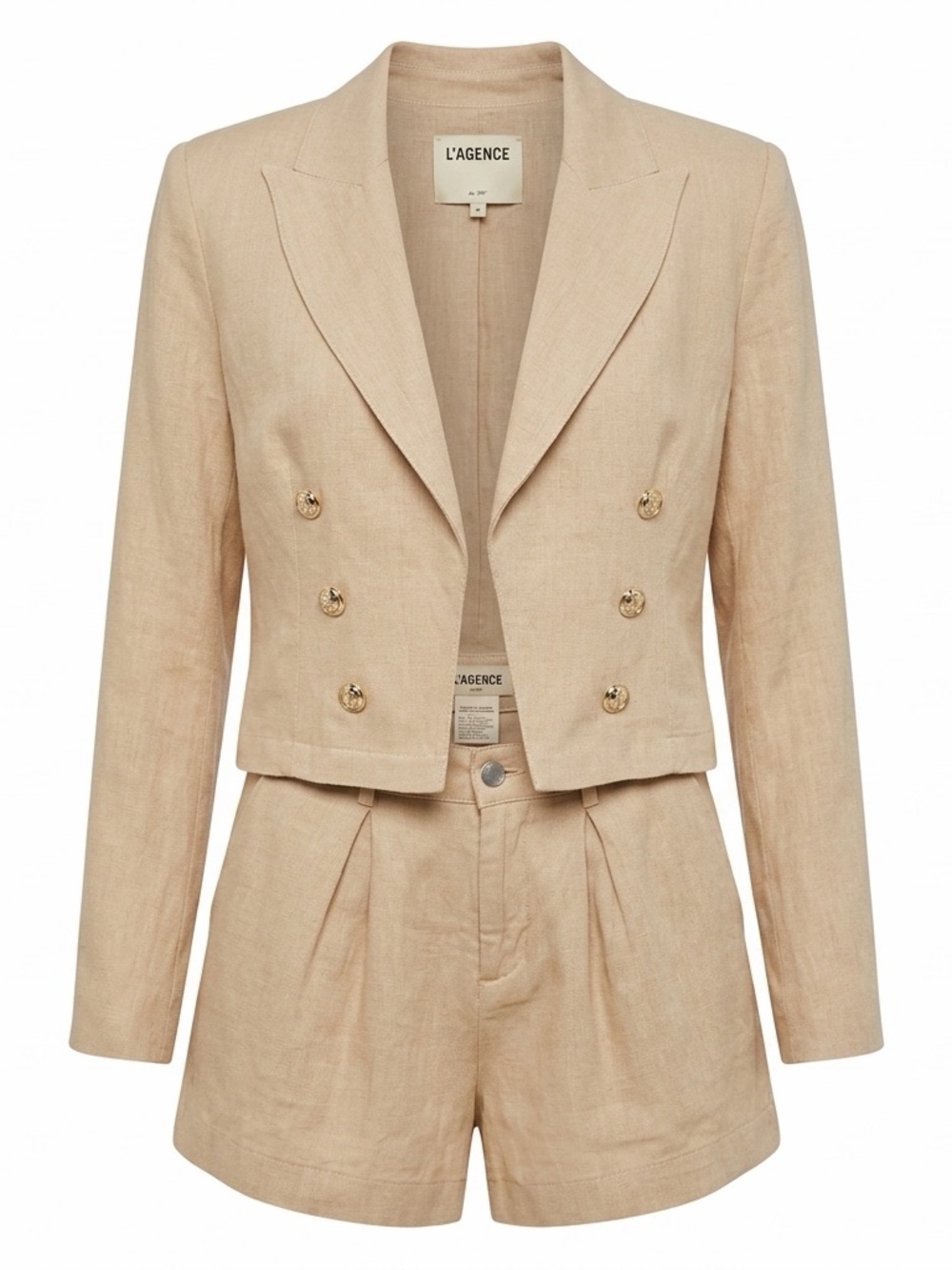 L'AGENCE Sandstone Cropped Double-Breasted Linen Blazer - Picture 2 of 6